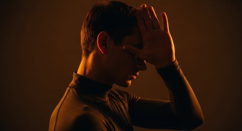 Editorial side-profile photograph of an anonymous person sitting tall pressing one palm against the forehead to resist while the head stays still, warm amber lighting, face cropped above the nose, no identifiable facial features