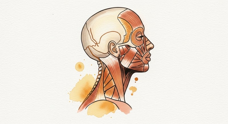 Loose watercolor illustration of the deep neck flexor muscles running down the front of the cervical spine holding the head stacked over the shoulders, in honey-gold and terracotta on cream paper