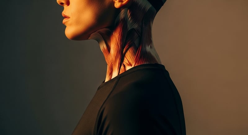 Editorial side-profile photograph of a person pressing one palm against their forehead to resist, holding the head still, in warm amber light