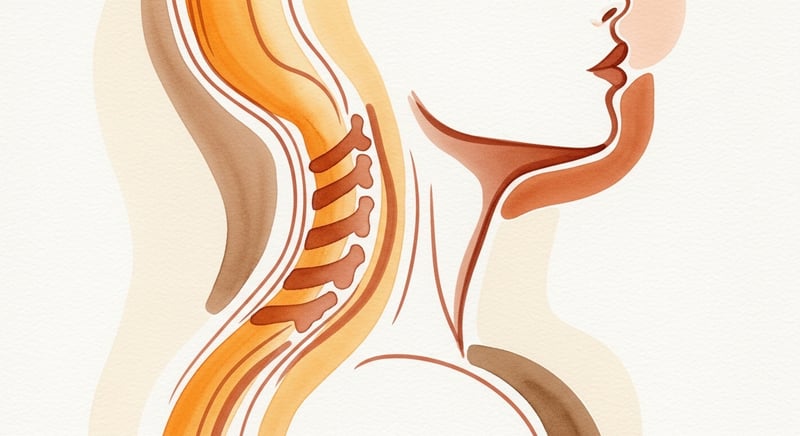 Loose painterly watercolor illustration of cervical spine neutral alignment, flowing warm-amber and honey-gold curves tracing the natural C-shape of the neck on cream paper