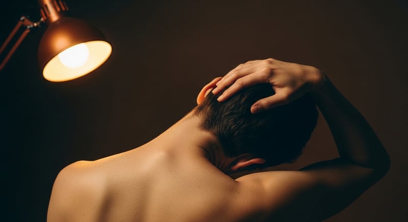 Person gently stretching their neck to one side, warm lighting