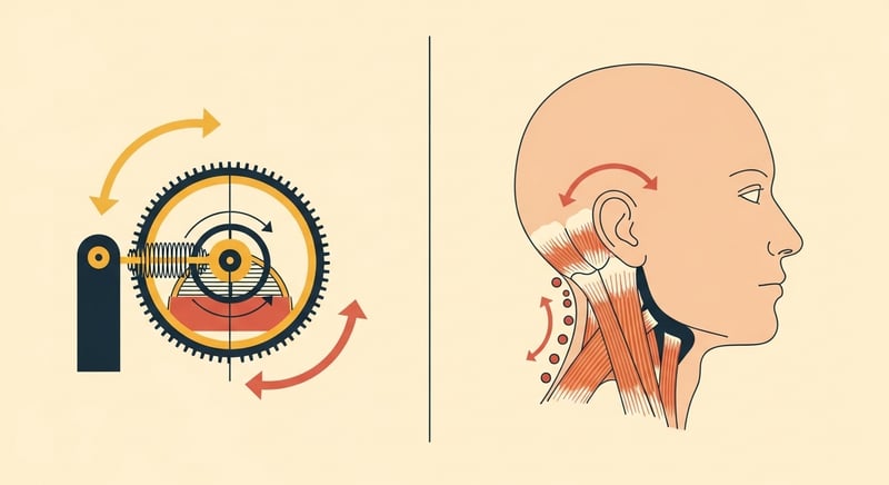 Two-panel flat illustration: on the left a watch balance wheel and coiled hairspring, on the right the small suboccipital muscles at the base of a human skull, with matching curved arrows showing the same back-and-forth oscillation across both.