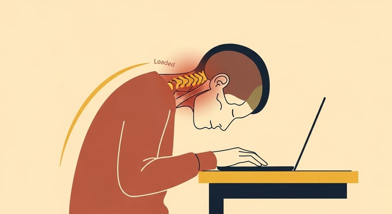 Flat side-profile illustration of a head drifted forward over the shoulders at a desk, the base of the skull marked in warm terracotta to show the loaded suboccipital region, on a cream background.