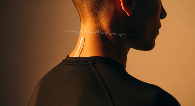 Side-profile watercolor of a human head and upper neck in warm amber tones, with the small muscles at the base of the skull drawn as fine honey-gold lines on a dark charcoal background.