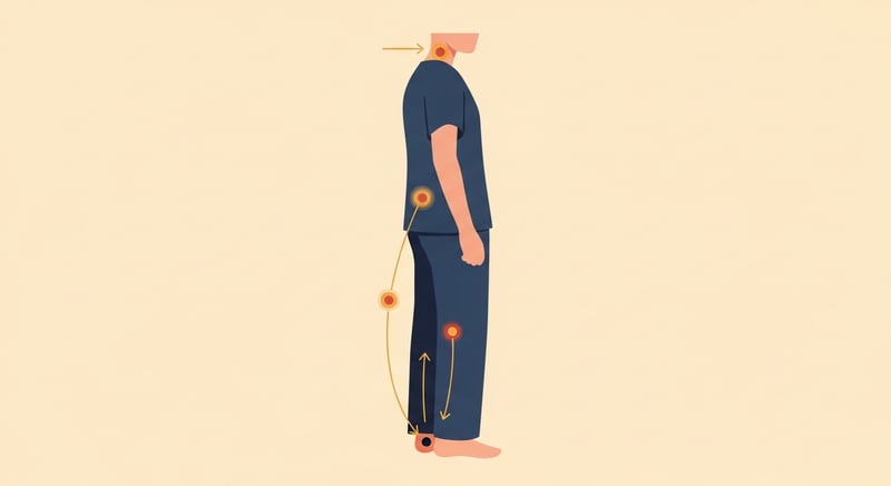 Minimal flat illustration on warm cream background of a nurse silhouette in scrubs from the side, with honey-gold and terracotta highlights marking the lower back, neck, shoulder, and feet as the primary load regions, thin connecting arrows showing where strain accumulates across a twelve-hour shift