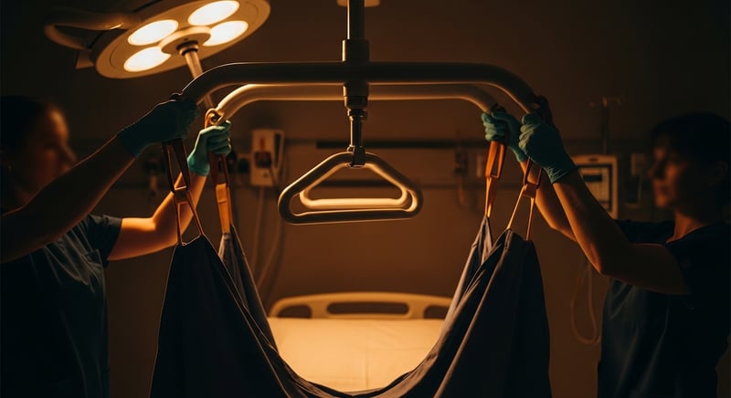 Editorial photograph of two anonymous nurses positioning a ceiling-mounted patient mechanical lift sling around an empty hospital bed, hands and forearms only visible, warm amber overhead light, dark scrub blue, deep espresso shadows, no identifiable facial features