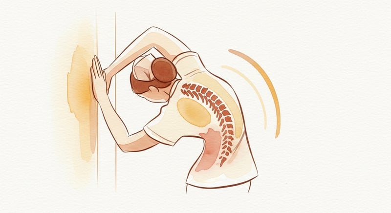 Loose watercolor illustration on cream paper of a stylized nurse figure mid-shift performing a thoracic rotation against a corridor wall, soft honey-gold and terracotta pigment bleeds tracing the rotation arc, muted copper highlights, no identifiable facial features