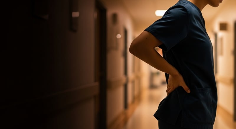 Cinematic editorial side-profile photograph of an anonymous nurse in scrubs at the end of a long shift, one hand on the lower back, warm honey-gold corridor light behind, deep espresso brown shadows, no identifiable facial features