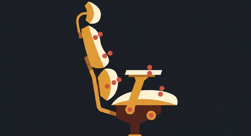 Flat illustration of an ergonomic office chair with markers on the seat, lumbar, armrest, and base showing key adjustment zones