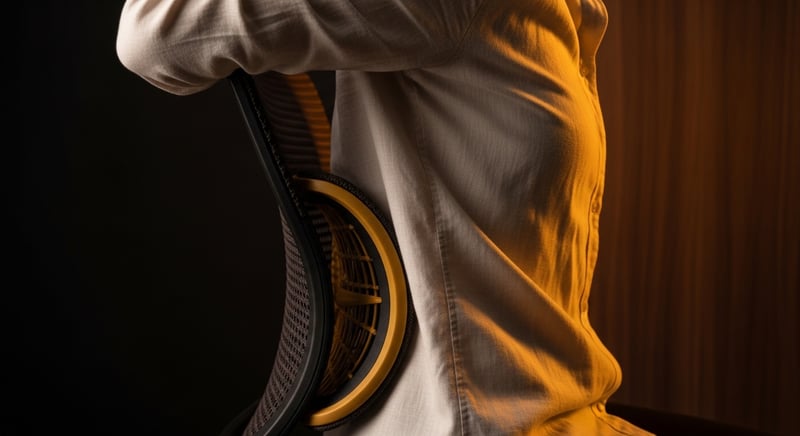Close-up editorial photograph of an anonymous person's lower back pressed into the curved lumbar support of an ergonomic office chair