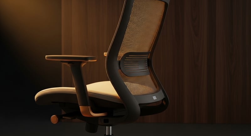 Close-up of an ergonomic office chair showing adjustment levers and lumbar support