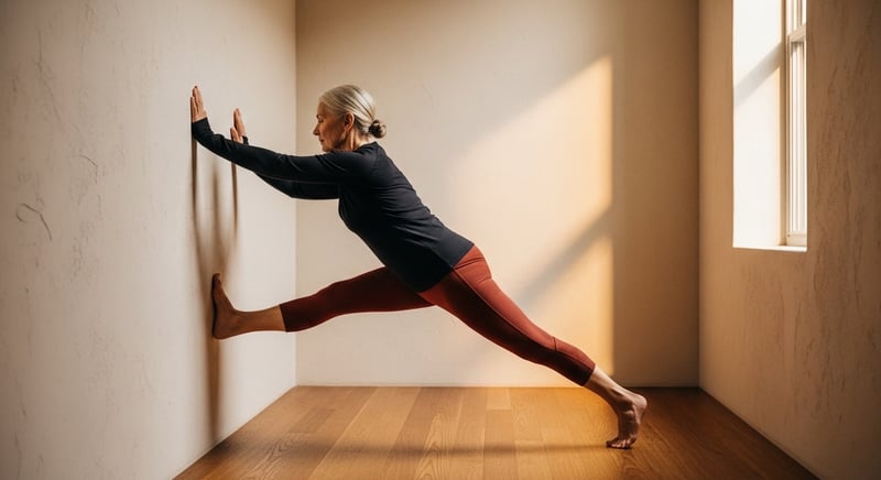 Editorial photograph of an older woman performing a wall calf stretch in a sunlit room, side-profile shot from mid-thigh to above the hairline, fitted dark charcoal athletic clothing, warm amber side-lighting, no identifiable facial features