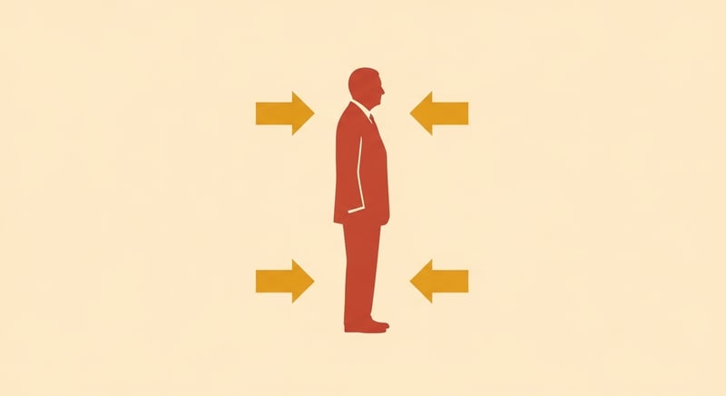 Flat illustration of a single tall figure standing upright on a warm cream ground, four small terracotta arrows pointing inward to mark the four risk vectors, no labels