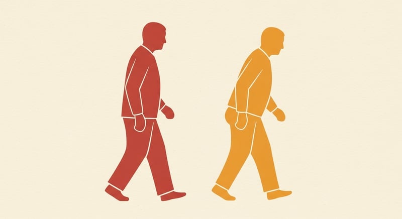 Flat illustration of two figures side by side: the left figure walking with level pelvis and stable trunk, the right figure walking with pelvis tipped to one side and trunk leaning to compensate, warm honey-gold and deep terracotta on cream