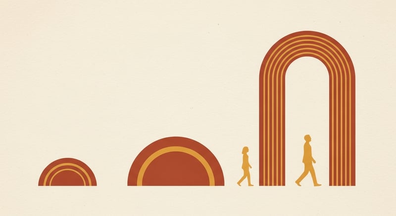 Flat illustration of a 12-week timeline as three rising terracotta arcs labeled Foundation, Progression, Integration, with three small honey-gold figures at the right side showing improving posture and stride length