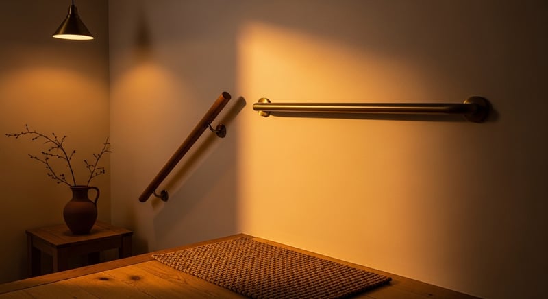 Cinematic still life photograph of a sunlit hallway corner showing a sturdy grab bar mounted beside an oak handrail, a non-slip mat at the threshold, and a warm pendant lamp casting honey-gold light along the wall, weathered wood floor