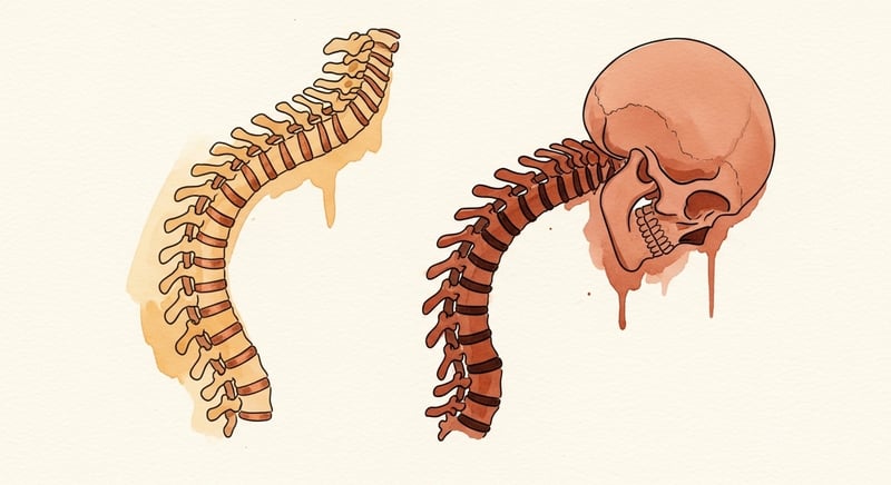 Loose watercolor illustration on warm cream paper of a thoracic spine in side profile, the natural curve in soft honey-gold and the exaggerated forward curve in deep terracotta showing the shift in head position