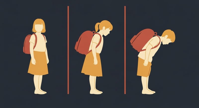 Front-view flat illustration of three child silhouettes in a row, each carrying a backpack at a different load and height. The leftmost figure stands upright with a small, low-mounted bag; the middle figure leans slightly forward with a medium bag at mid-back; the rightmost figure is hunched forward with a large, high-mounted bag pulling the head ahead of the shoulders, against a dark charcoal background with warm honey-gold and terracotta accents