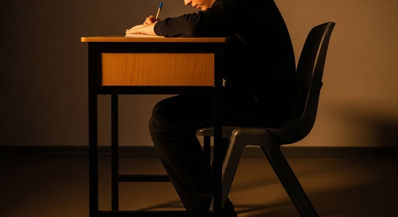 Editorial photograph of an anonymous young student seated at a classroom-style desk that is visibly too high, the child's feet dangling and shoulders elevated to reach the surface, fitted dark charcoal school uniform, warm honey-gold side-lighting, deep espresso brown background, head cropped above the upper lip with no identifiable facial features