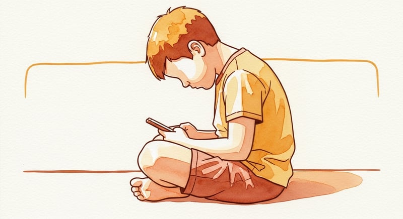 Loose watercolor illustration on cream paper of a child sitting on a couch hunched over a smartphone, head pushed forward and shoulders rounded, painted in warm honey-gold and terracotta and deep espresso brown washes with visible cream paper texture
