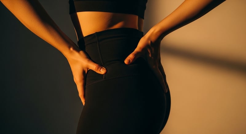 Editorial close-up photograph from the side of hands placed on the front and back hip bones to check pelvic tilt, warm amber lighting