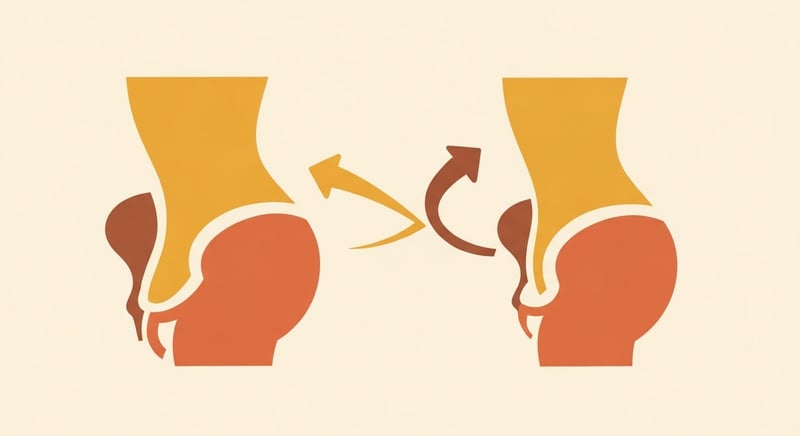 Minimal flat illustration showing two correction arrows, one easing a forward-tilted pelvis back and one easing a tucked pelvis forward toward neutral