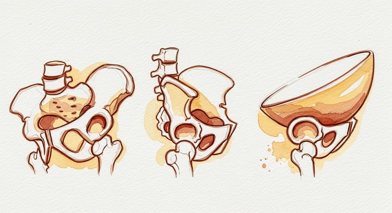 Loose watercolor of a pelvis shown in three side-profile positions: tipped forward, neutral, and tucked back