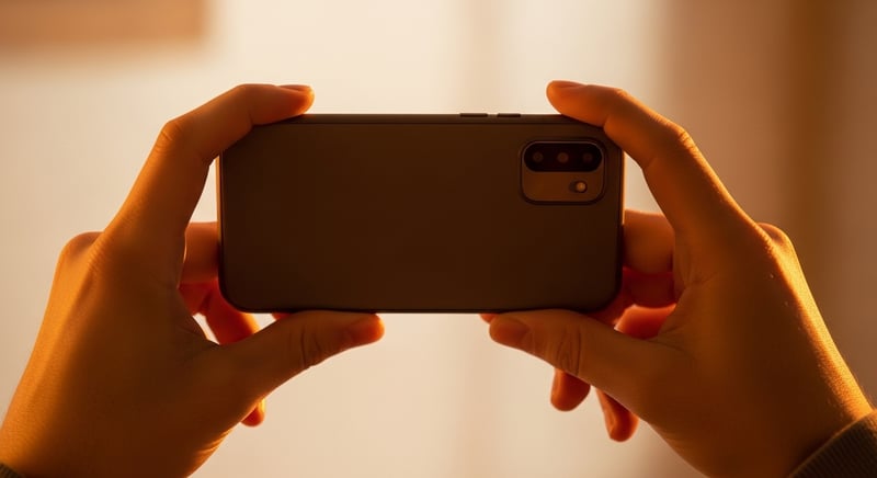 Editorial photograph of anonymous hands holding a smartphone up at eye level with the back of the phone facing the camera — screen not visible — in warm amber light