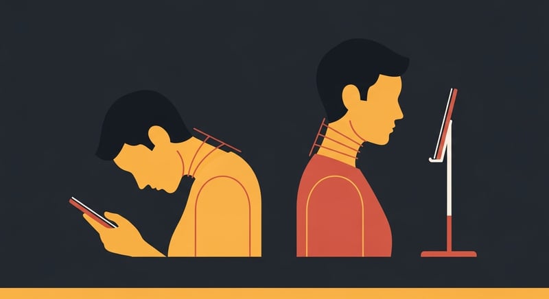 Flat illustration of two side-profile figures: one looking down at a low phone with the neck sharply bent, the other looking at a phone raised to eye level on a stand with a neutral neck, honey-gold and terracotta on dark charcoal