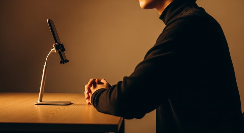 Editorial photograph of a person at a desk viewing a phone propped at eye level on an adjustable stand, neck tall and neutral, warm amber lighting, face cropped above the nose