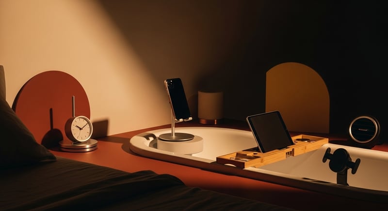 Flat illustration contrasting a phone held low with the neck bent down against a phone raised to eye level on a stand with a neutral neck, in honey-gold on charcoal