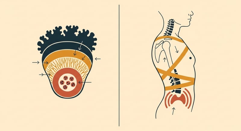 Two-panel flat illustration: the left panel shows a cross-section of a lichen with fungus, alga, and basidiomycete yeast labeled in warm honey-gold against dark charcoal; the right panel shows a side-profile human figure with bone, fascia, and diaphragm labeled the same way, with matching color-coded arrows showing how force and pressure flow between the three