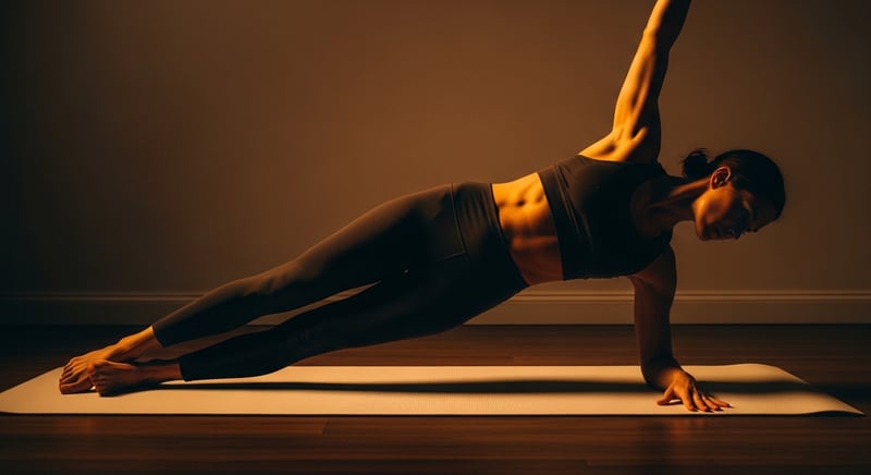 Cinematic editorial side-profile of a person in a Pilates side-plank position on a cream mat, anonymous figure cropped above the hairline, warm amber side-lighting, dark charcoal athletic clothing, deep espresso shadows, no identifiable facial features