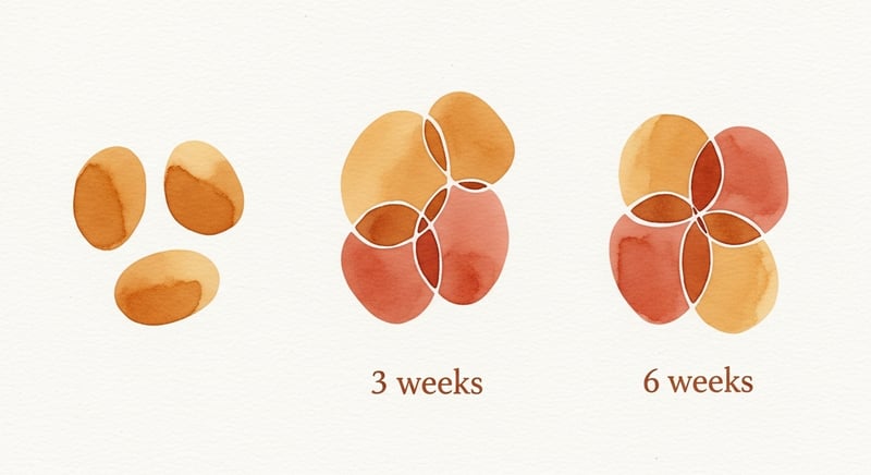 Loose watercolor illustration on cream paper of three abstract panels representing the three program phases: Phase 1 shows three separate honey-gold shapes, Phase 2 shows pairs of overlapping shapes, Phase 3 shows all three shapes merged into a single composite form, painterly brushstrokes in terracotta and amber