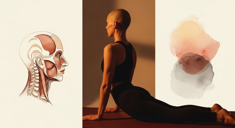 Side-profile editorial photograph of a person practicing a Pilates mat exercise with visible breath, alongside a watercolor cross-section of a lichen showing fungus, alga, and yeast partners, both rendered in warm honey-gold and terracotta tones on a dark charcoal backdrop