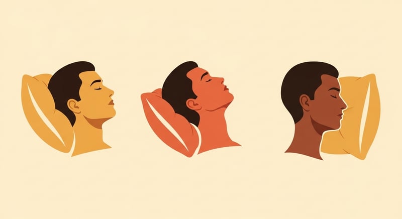 Minimal flat illustration on cream of three side-profile heads on pillows, one too high with the chin tucked forward, one too low with the head dropped back, and one level on a correct pillow, in honey-gold and terracotta.