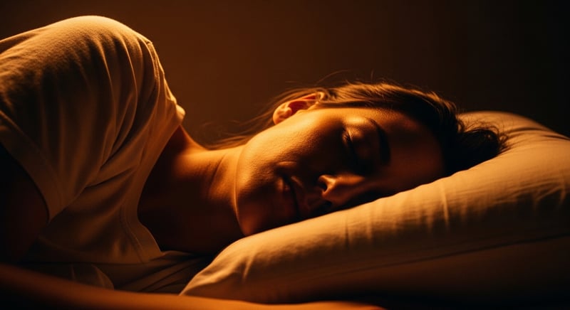 Editorial photograph from the side of an anonymous person sleeping on their side, the neck held level on a firm pillow that fills the space above the shoulder, warm amber light, face cropped above the nose.