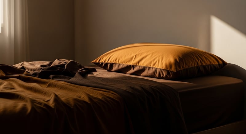 Cinematic still life of a neatly made bed with a single supportive pillow in soft morning light through a window, warm amber and espresso tones, calm and minimal.