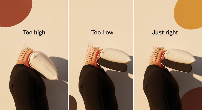 Editorial side illustration in warm amber tones of a person sleeping on their side, the head and neck resting level on a supportive pillow that fills the gap above the shoulder.