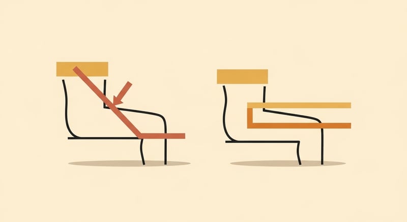 Minimal flat illustration on warm cream background showing two abstract side-profile silhouettes seated on simple chair shapes: the left figure leans forward with the hip dropped low, knees below hips, in a slumped position rendered in muted terracotta, the right figure sits upright with knees at hip height on a firm seat, rendered in warm honey-gold, generous negative space