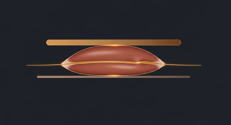 Clean geometric abstract composition on dark charcoal showing two stacked translucent shapes: an upper deep-terracotta muscle-like form pressed downward by a horizontal warm-amber bar from above and a hard surface from below, with a thin honey-gold line representing a nerve being pinched between them, no human figures