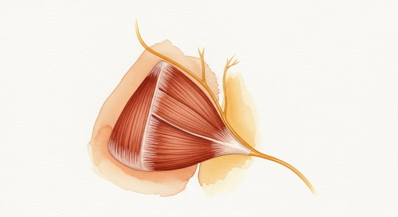 Loose watercolor illustration on cream paper of an abstract pyramidal muscle shape painted in deep terracotta with a thin warm honey-gold nerve cord running adjacent and beneath it, soft amber pigment bleeds, no human figure or torso