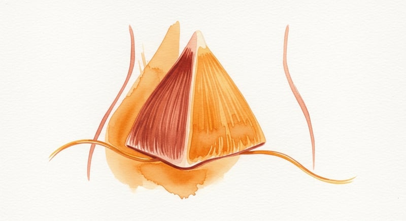 Loose watercolor illustration on cream paper of an abstract pyramidal muscle shape with a thin nerve cord running adjacent to it, warm honey-gold and terracotta tones, no human figures