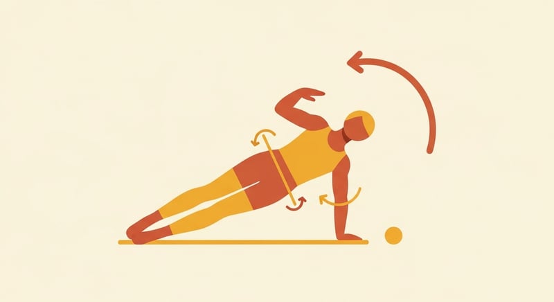 Flat illustration of a figure in a high plank tapping one shoulder while the pelvis stays level, with a curved arrow showing the resisted twisting force, honey-gold accents on charcoal