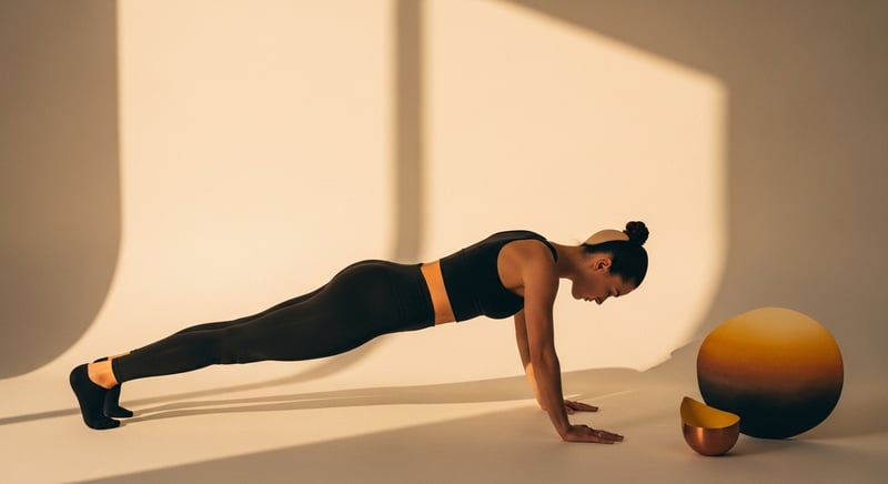Side-profile editorial photograph of a person holding a forearm plank with a flat, level spine in warm amber light