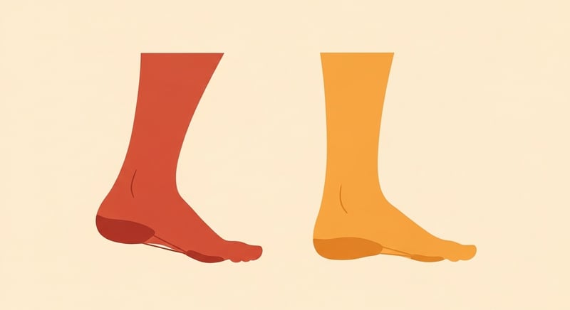 Flat illustration on warm cream paper showing two side-profile foot silhouettes: a deep terracotta foot with a tight restricted calf and overloaded plantar fascia on the left, and a warm honey-gold foot with a lengthened calf and relaxed plantar fascia on the right