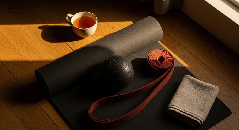 Cinematic still-life photograph of a wellness setup on a warm honey-gold oak floor: a charcoal yoga mat with a dark espresso lacrosse ball, a rolled deep terracotta yoga strap, a folded cream linen towel, and a ceramic mug of warm honey-gold tea, lit by warm amber morning light