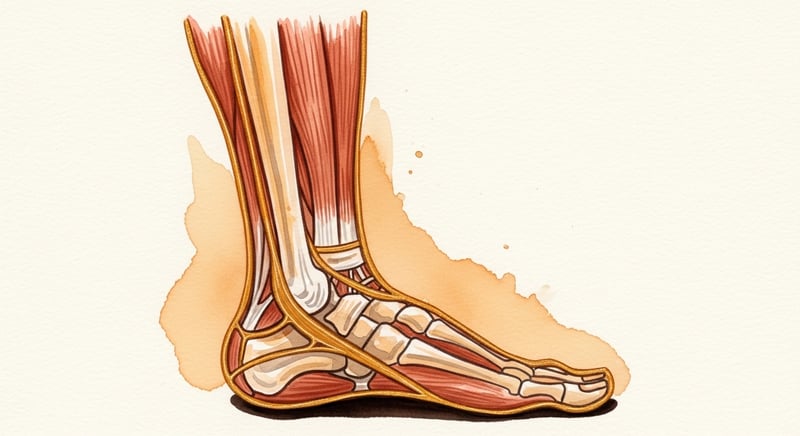 Loose painterly watercolor side-profile illustration of the lower leg, ankle, and foot showing the calf muscle, Achilles tendon, and plantar fascia connected as a continuous chain in deep terracotta and warm honey-gold pigment on cream paper