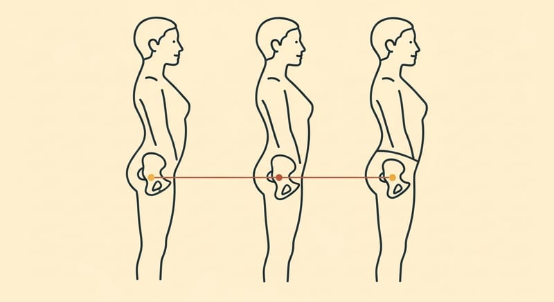 Minimalist flat illustration on warm cream background showing four side-profile human silhouettes in a horizontal row, each demonstrating a different pelvic position: from left to right anterior pelvic tilt with exaggerated lower-back arch, neutral pelvis with gentle natural lumbar curve, posterior pelvic tilt with tucked pelvis and flat lower back, and slumped flat-back with mild forward trunk lean. Honey-gold and terracotta accent lines mark the pelvic tilt axis on each figure, dark charcoal silhouettes, editorial infographic feel, no text, no labels, no identifiable facial features
