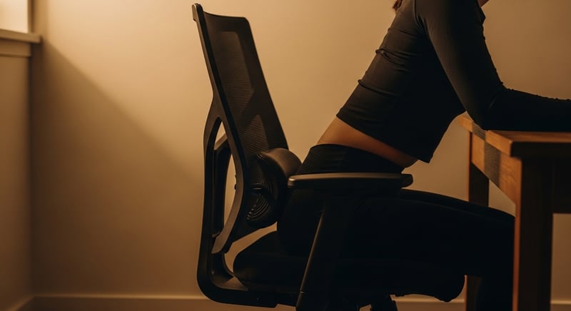 Cinematic editorial side-profile photograph of an anonymous adult slumped in a standard office chair with the pelvis tucked under, lumbar curve visibly flattened, lower trunk leaning backward into the chair and upper trunk leaning slightly forward, warm amber lighting from above, deep espresso brown background, head cropped above the hairline, no identifiable facial features